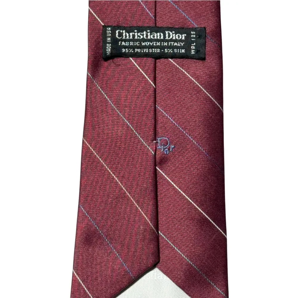 Vintage Christian Dior Necktie Mens Burgundy Striped Silk Blend Classic Formal